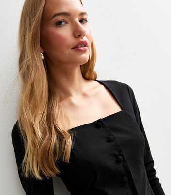 Black Square Neck Button Up Long Sleeve Top