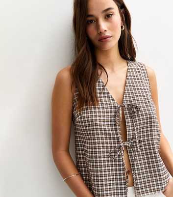 Black Textured Check Pattern Tie Front Top