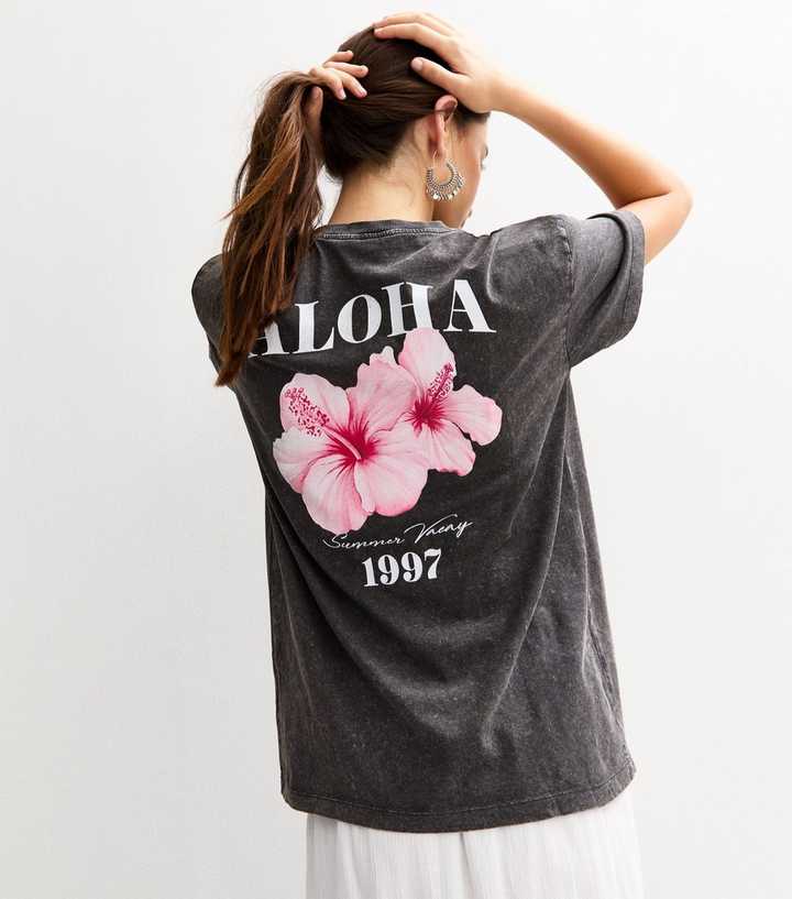 Dark Grey Aloha Print T-Shirt | New Look