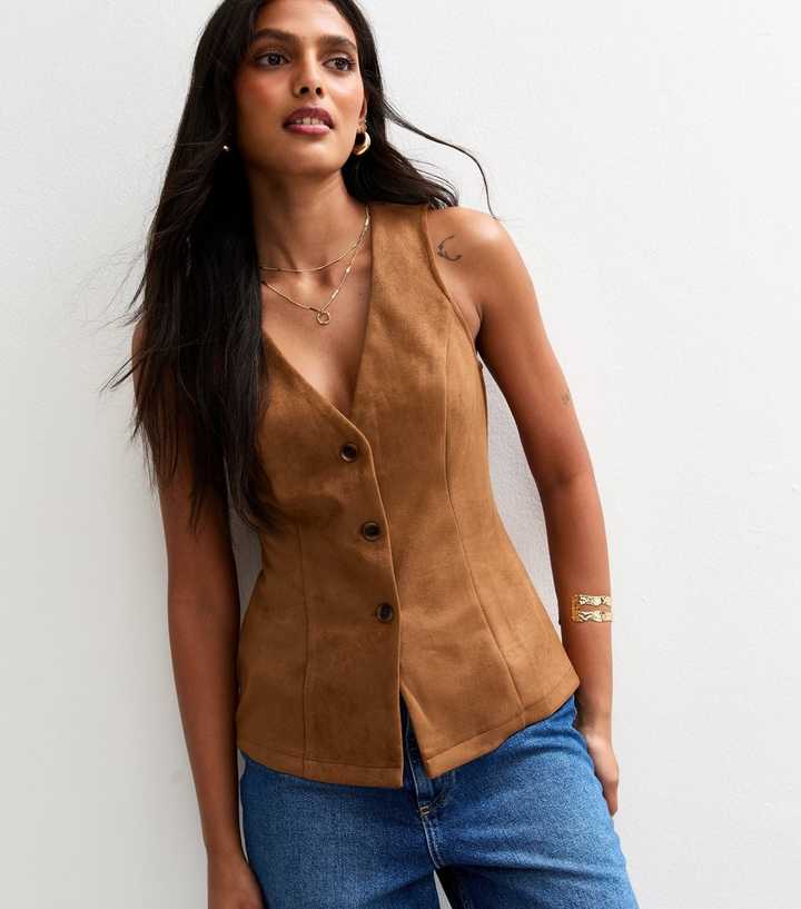 Tan Faux Suede Button Up Waistcoat 