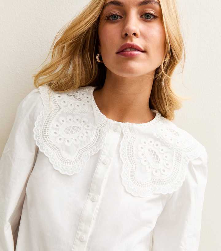 Tall White Embroidered Collar Long Sleeve Shirt