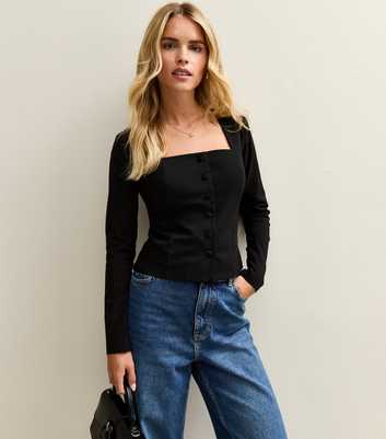 Petite Black Square Neck Button Front Top