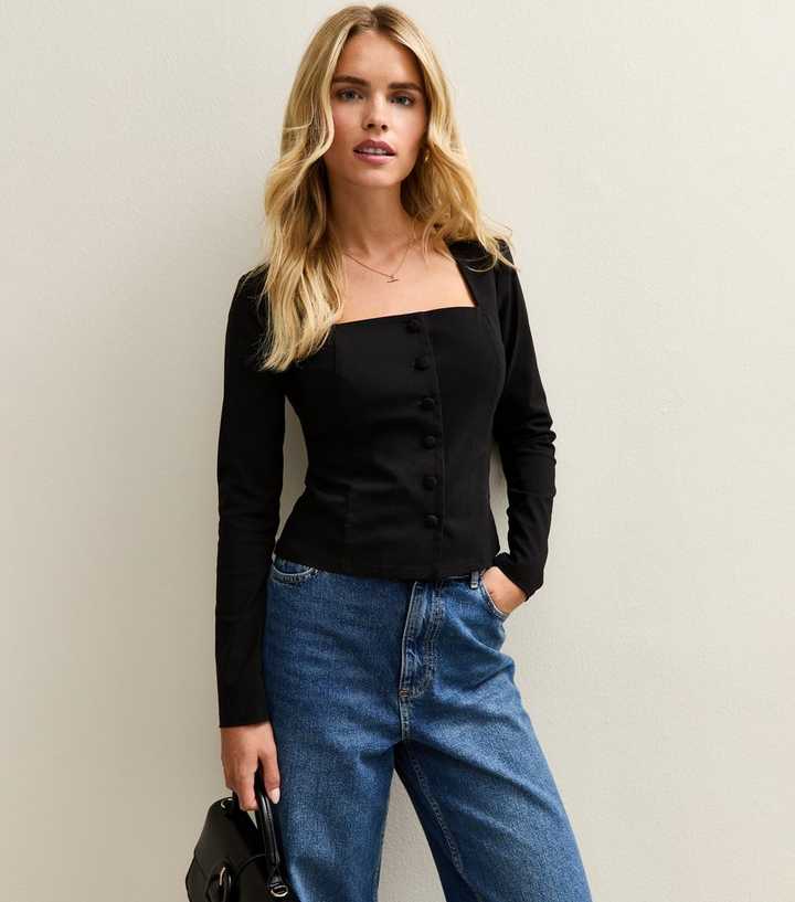 Petite Black Square Neck Button Front Top
