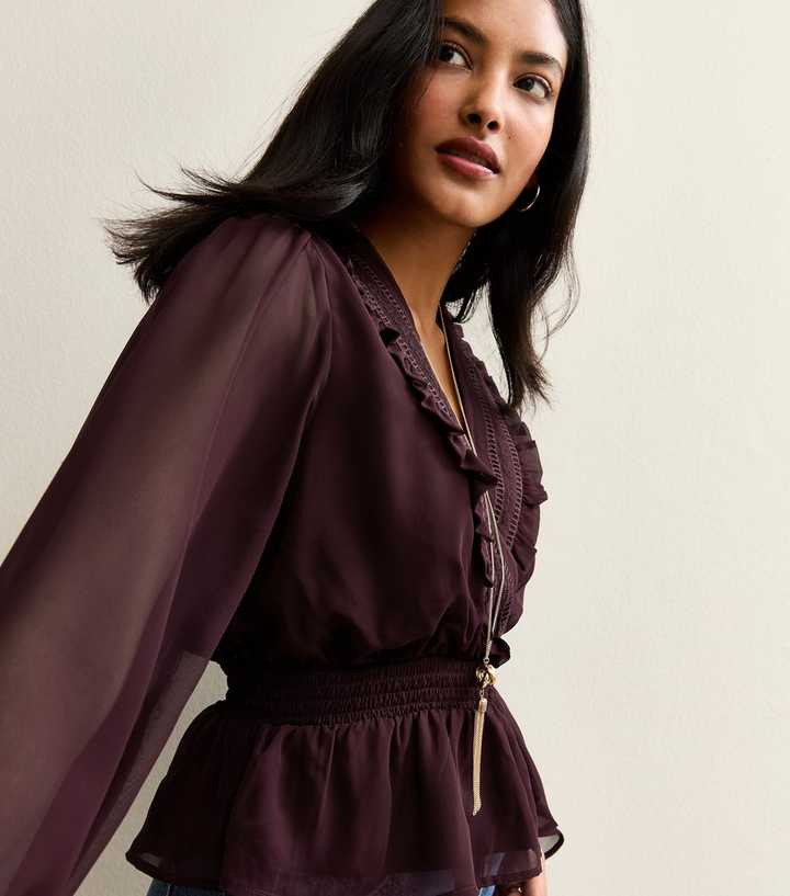 Burgundy V-Neck Shirred Waist Peplum Hem Blouse