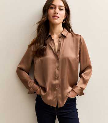 Petite Light Brown Satin Long Sleeve Shirt