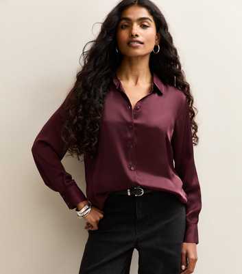 Petite Burgundy Satin Long Sleeve Shirt