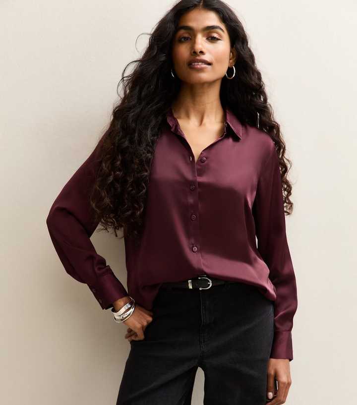 Petite Burgundy Satin Long Sleeve Shirt
