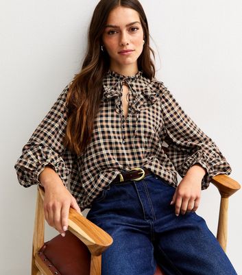 Petite Brown Checked Ruffle Collar Frill Trim Blouse | New Look