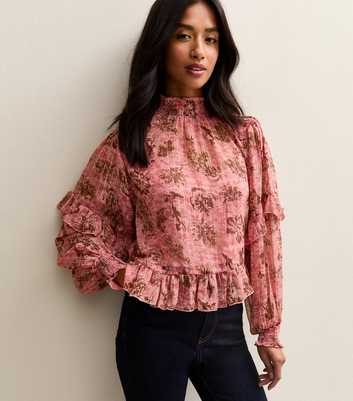 Petite Pink Floral Print Ruffle Frill Blouse