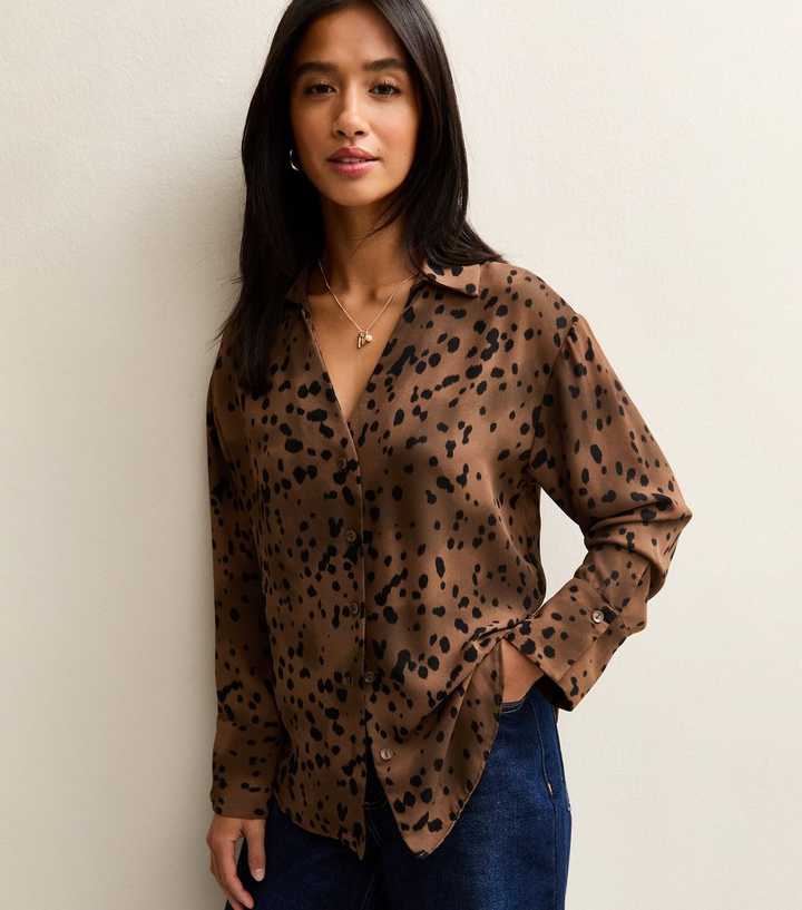 Petite Brown Spotty Open Collar Shirt