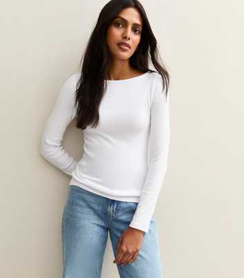 White Long Sleeve Slash Neck Top