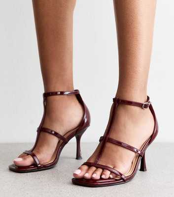 Wide Fit Dark Burgundy Faux Patent Leather T-Bar Sandals