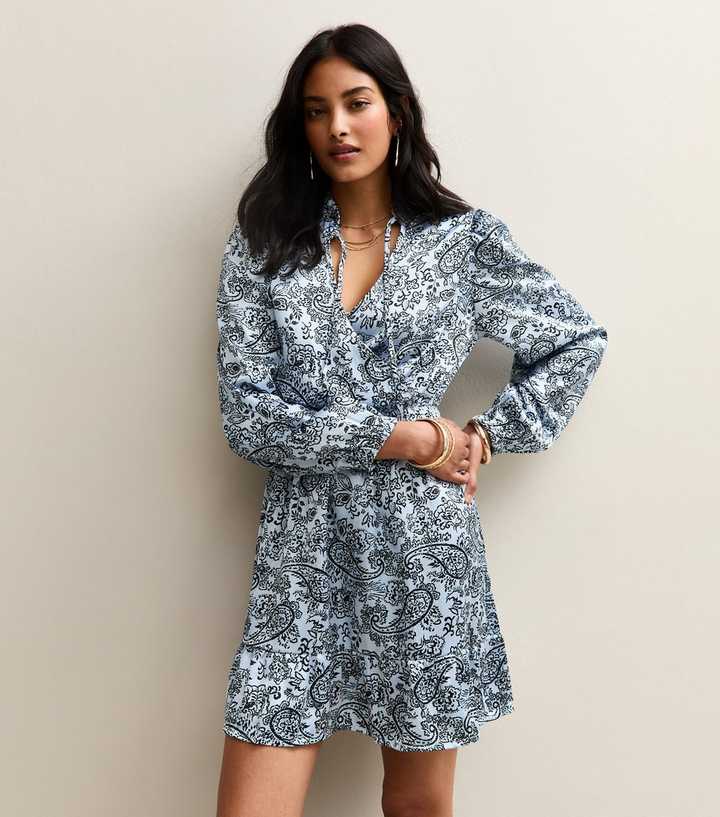 Light Blue Paisley Print Tie Neck Satin Mini Dress
