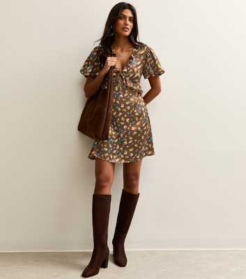 Brown Floral Print Frilly Trimmed Satin Mini Dress