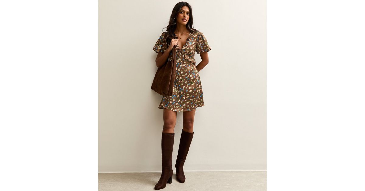 Brown Floral Print Frilly Trimmed Satin Mini Dress | New Look