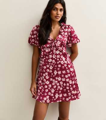 Red Daisy Print Frilly Trimmed Satin Mini Dress