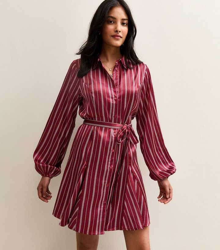 Burgundy Striped Satin Mini Shirt Dress
