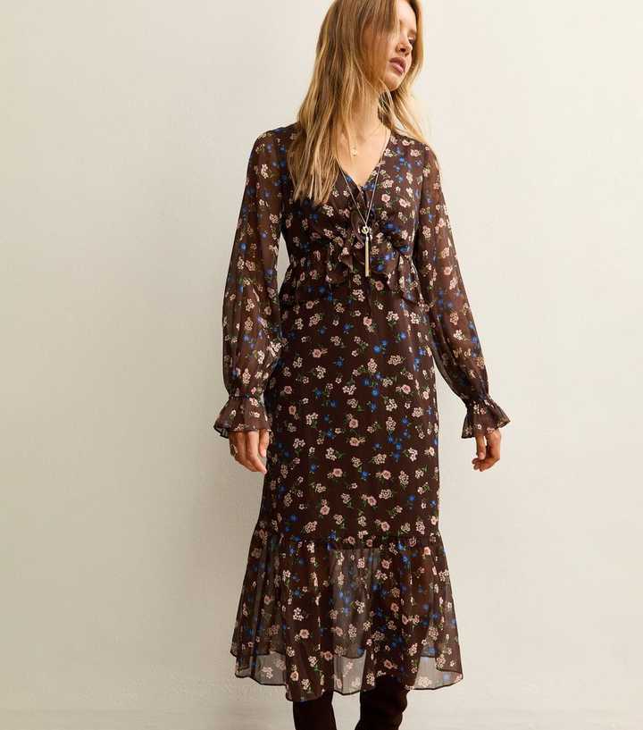 Brown Floral Print Long Sleeve Tiered Chiffon Midi Dress