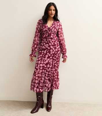 Pink Crinkled Chiffon Floral Print Midi Dress