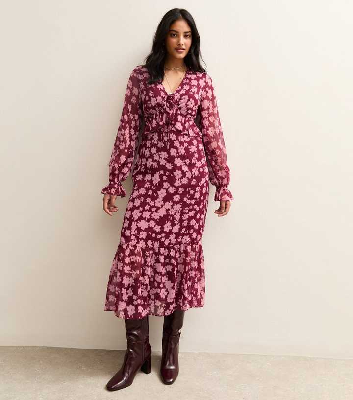 Pink Crinkled Chiffon Floral Print Midi Dress New Look