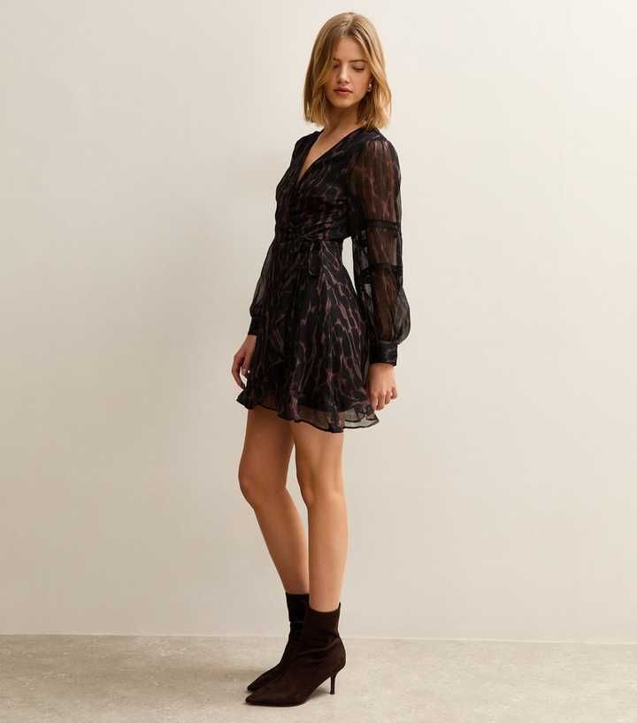 Brown Animal Print Wrap Mini Dress