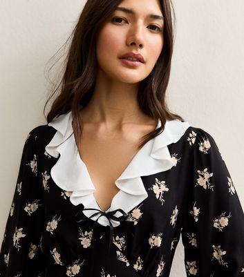 Black Floral Frill Collar Midi Dress