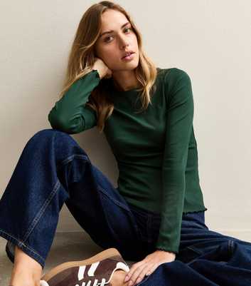 Dark Green Lettuce Trim Long Sleeve Top