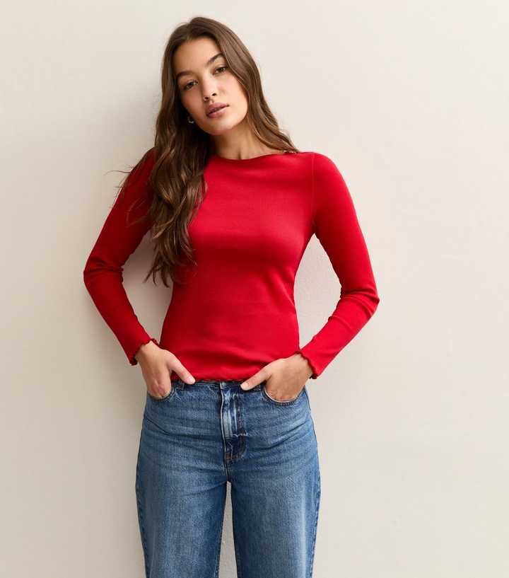 Red Ribbed Red Ribbed Crew Neck Long Sleeve Top | New Look