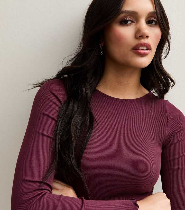 Burgundy Ribbed Crew Neck Long Sleeve Top
