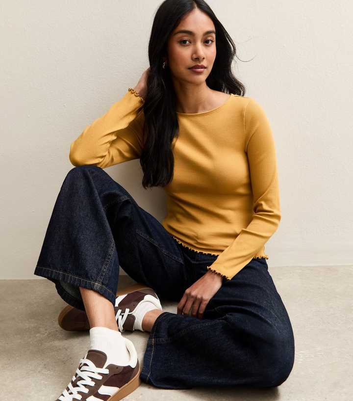 Dark Yellow Lettuce Trim Long Sleeve Top