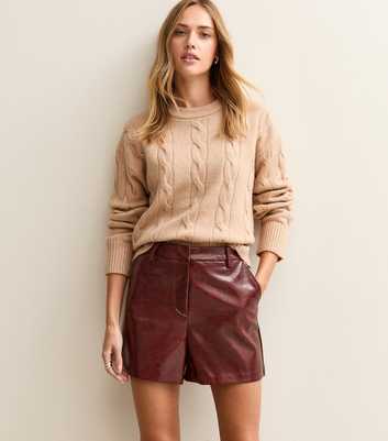 Dark Burgundy Cracked Texture Faux Leather Shorts
