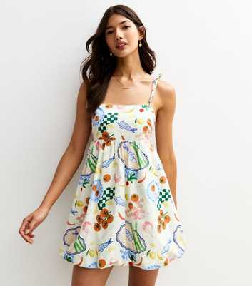 White Fish Print Puffball Hem Mini Cami Dress