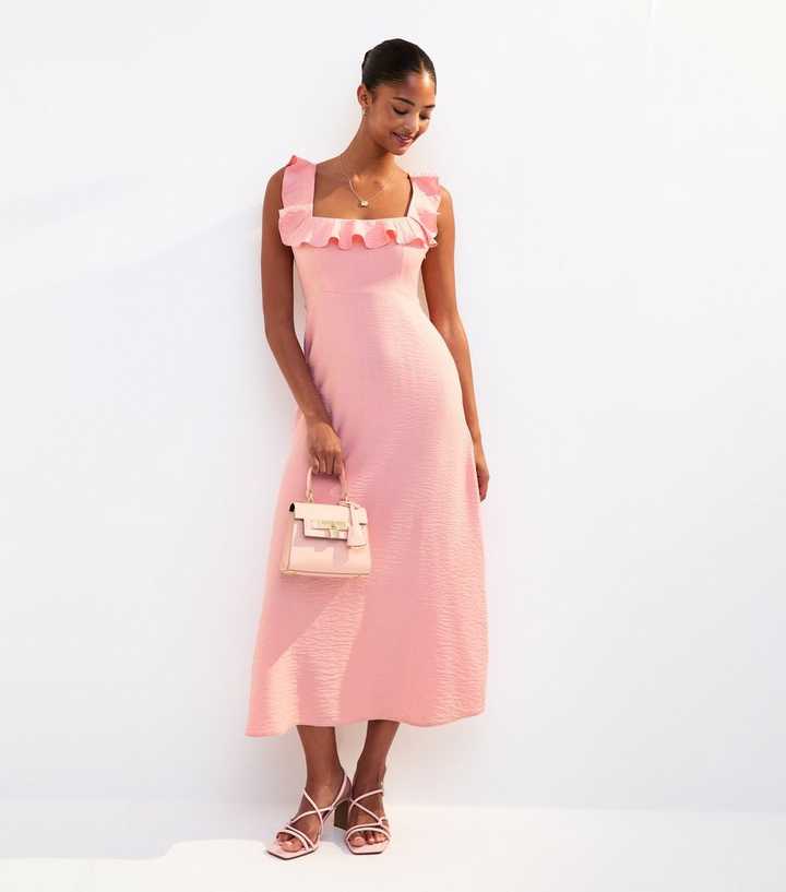 Pink Ruffle Trim Square Neck Midi Dress