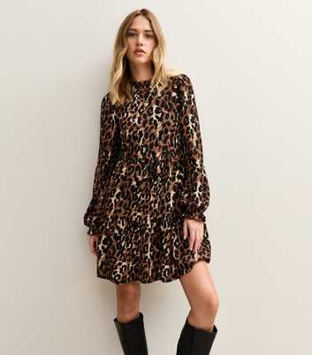 Brown Crinkled Leopard Print Smock Mini Dress