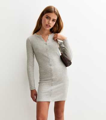 Girls Light Grey Ribbed Button Front Long Sleeve Dress