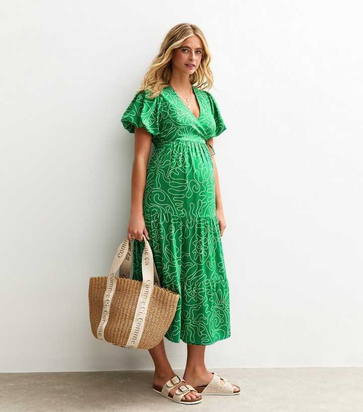 Maternity Green Abstract Print Midi Wrap Dress