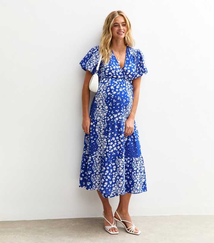 Maternity Blue Floral Print Wrap Midi Dress