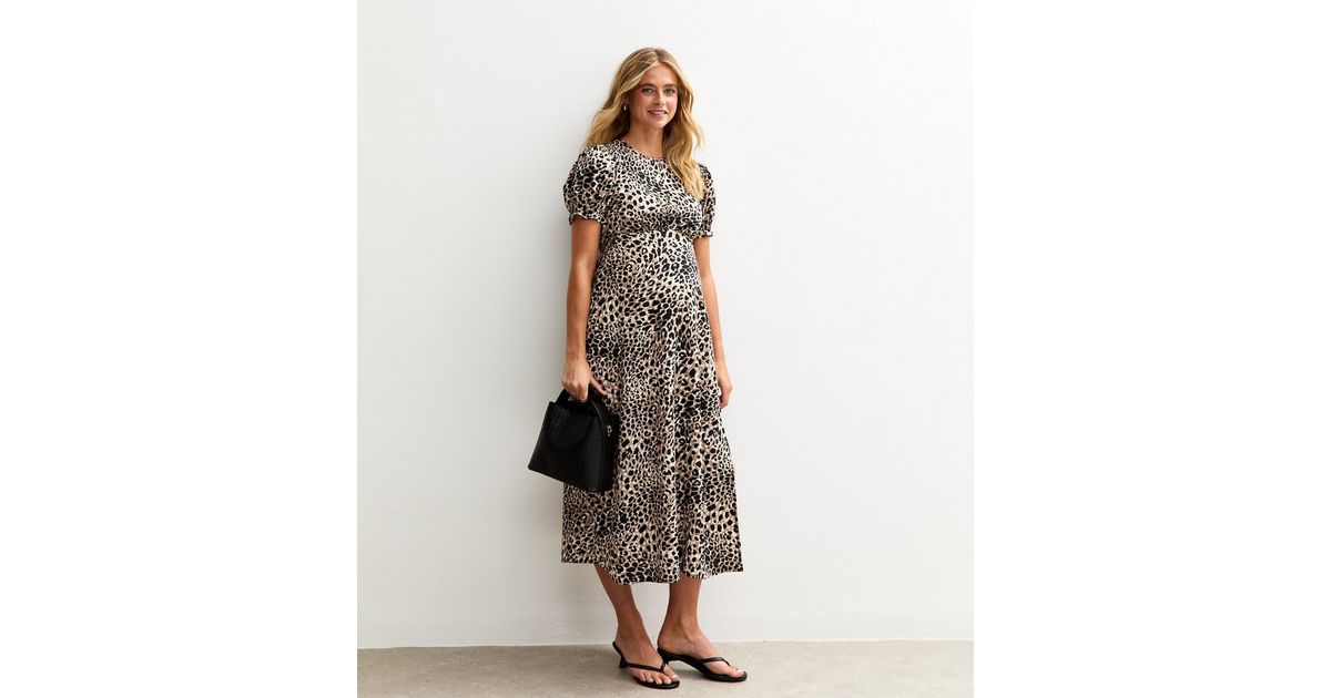 Maternity Brown Leopard Print Slit Hem Midi Dress New Look