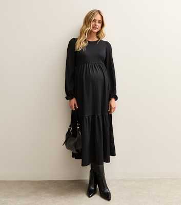 Black Smocked Tiered Long Sleeve Midi Dress