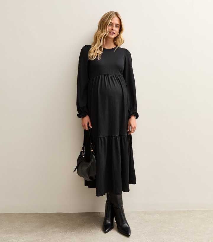 Black Smocked Tiered Long Sleeve Midi Dress | New Look