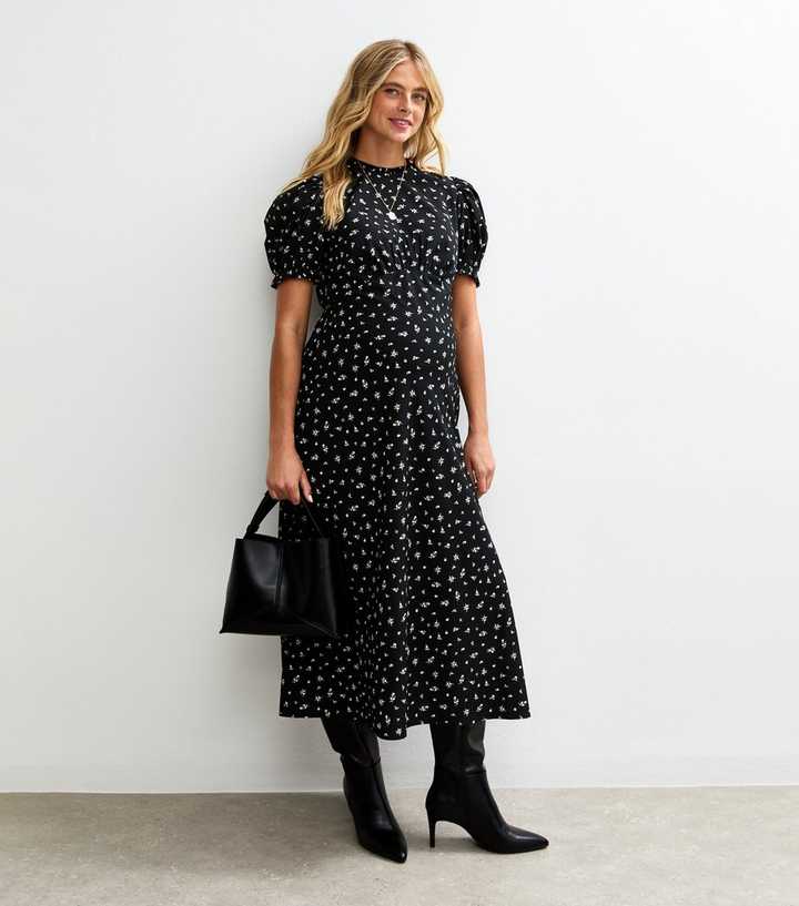 Maternity Black Floral Print Puff Sleeve Midi Dress