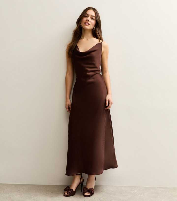 Petite Dark Brown Satin Cowl Neck Midi Dress | New Look