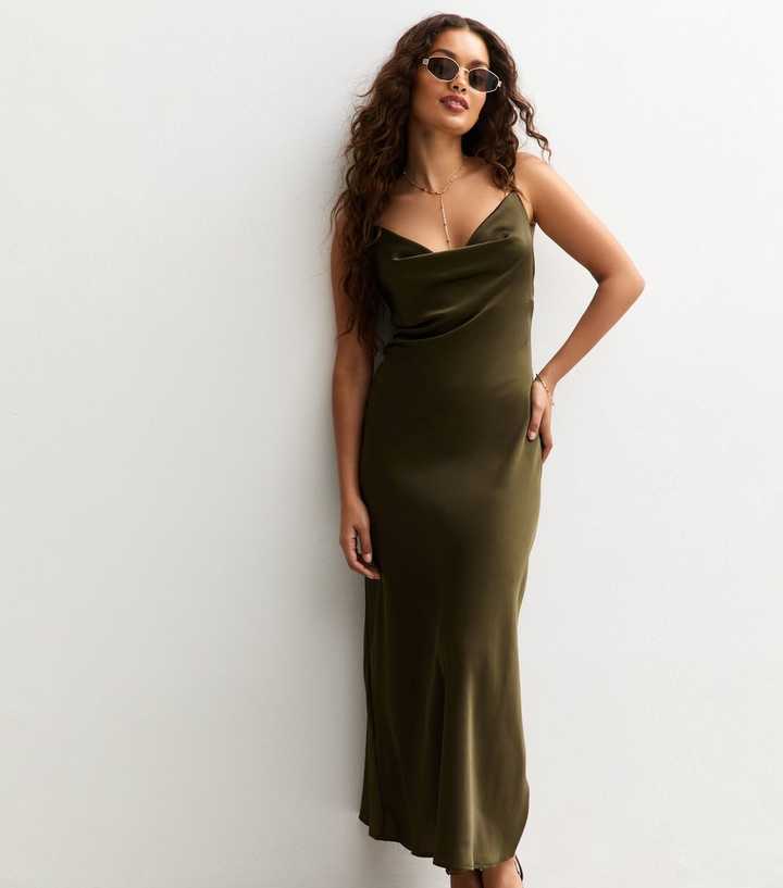 Petite Khaki Satin Cowl Neck Midi Dress