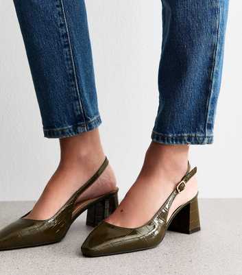 Dark Green Faux Leather Slingback Pointed Toe Pumps
