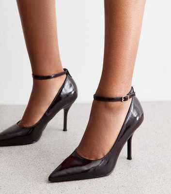 Dark Brown Patent Faux Leather Ankle Strap Court Shoes