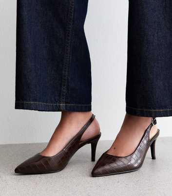 Extra Wide Fit Brown Textured Slingback Court Shoes