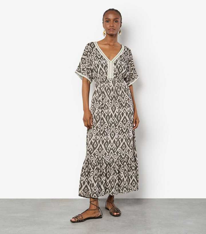 Apricot Khaki Swirl Print Dress