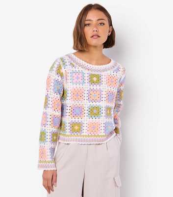 Apricot Pink Square Pattern Crochet Jumper