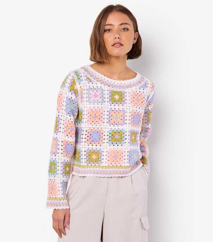 Apricot Pink Square Pattern Crochet Jumper