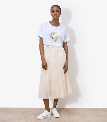 Apricot Cream Sequinned Tulle Midi Skirt New Look
